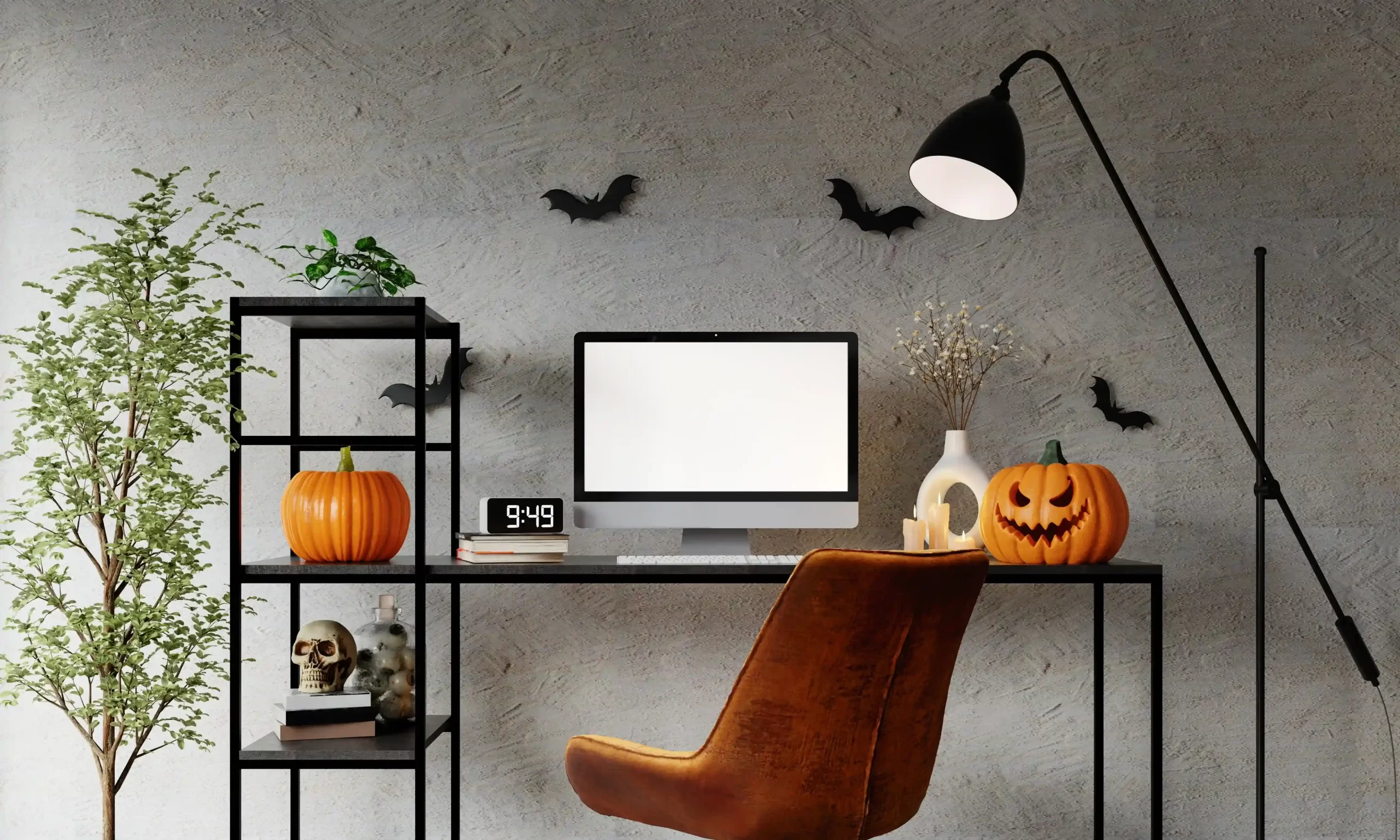 Spooky Festive Halloween Decoration Ideas for Office that Everyone Will Love 12 spooky halloween home office with jack o lanterns 8_11zon scaled