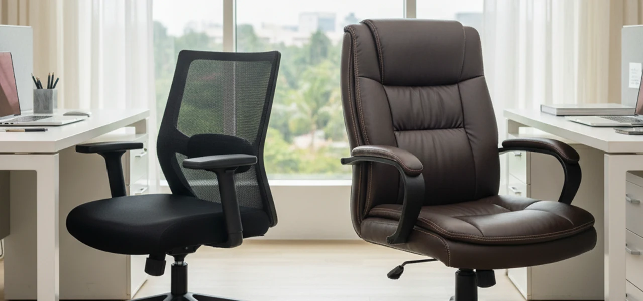 Mesh vs. Leather Office Chairs: Which is Better for Indian Workspaces? 3 Mesh and leather office chairs for modern Indian workspaces by Vlite Furnitech