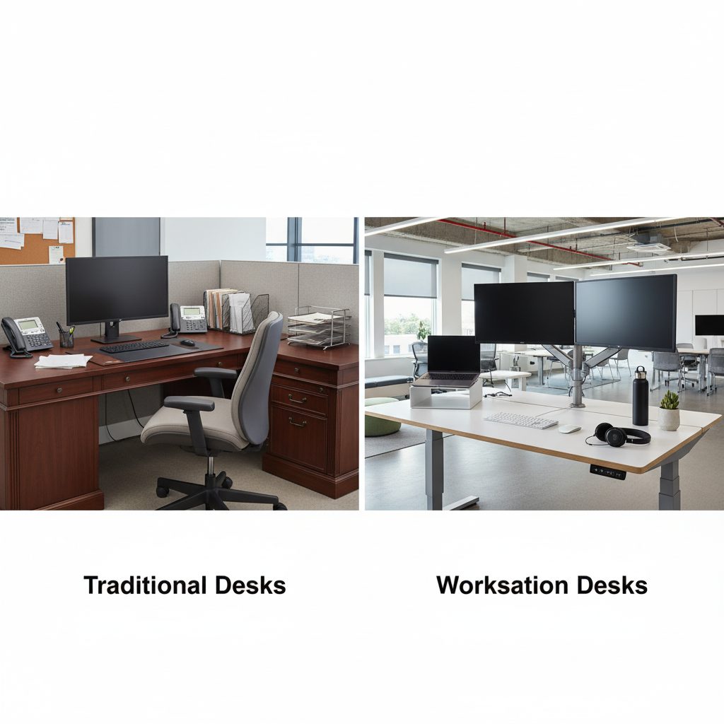 Modern workstation desk setup in contemporary office