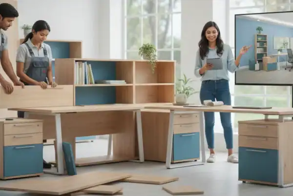 Modular office furniture setup for a modern workspace in India by Vlite Furnitech