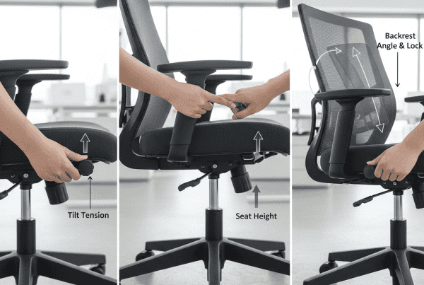 Office chair adjustment controls showing knob, hydraulic lever, and recline mechanism for ergonomic seating