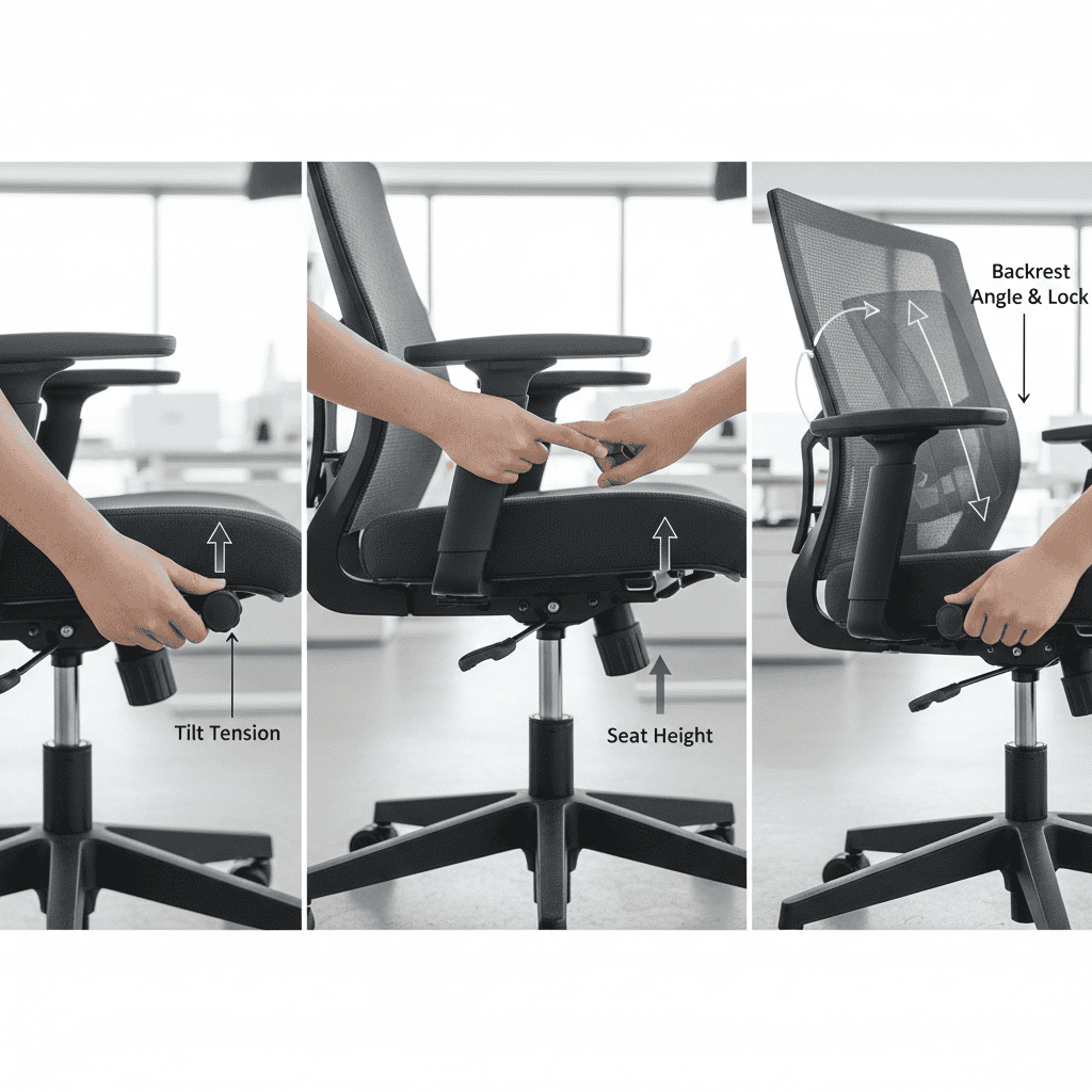 Office Chair Adjustments Explained: Knobs, Hydraulics, Recline & More 3 Office chair adjustment controls showing knob, hydraulic lever, and recline mechanism for ergonomic seating