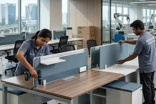 Modular office furniture installed in Chennai IT park and manufacturing workspace
