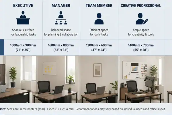 Office table size guide for different work roles in a modern office