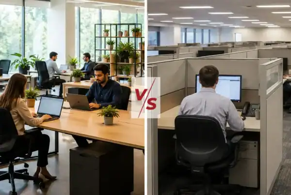 Open office vs cubicle furniture layout comparison for modern workplaces